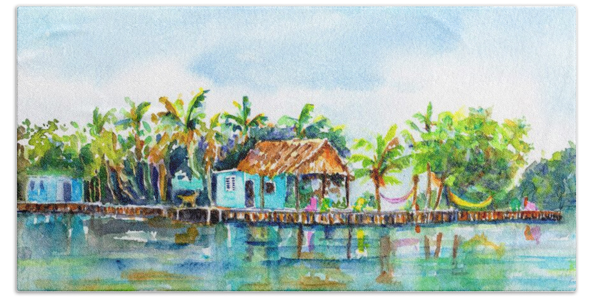 Belize Hand Towel featuring the painting Bread and Butter Caye Belize by Carlin Blahnik CarlinArtWatercolor