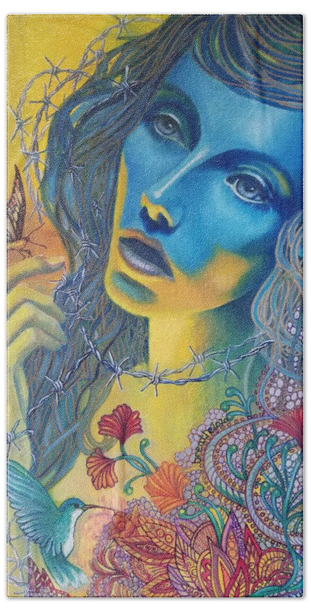 Blue Covid Butterfly Bird Woman Oils Canvas Hand Towel featuring the painting Breathe 2020 by Caroline Philp