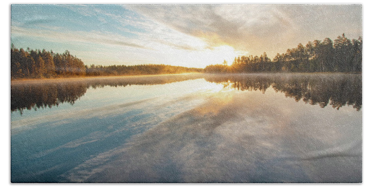 Lake Jatkonjärvi Bath Towel featuring the photograph Breathtaking sunrise at Lake Jatkonjarvi by Vaclav Sonnek