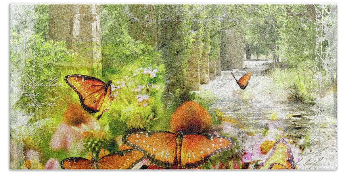 Green Hand Towel featuring the digital art Breezes and Butterflies by Linda Lee Hall