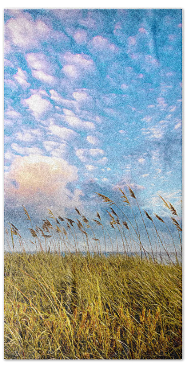 Clouds Bath Towel featuring the photograph Breezy Beach Autumn Grasses by Debra and Dave Vanderlaan