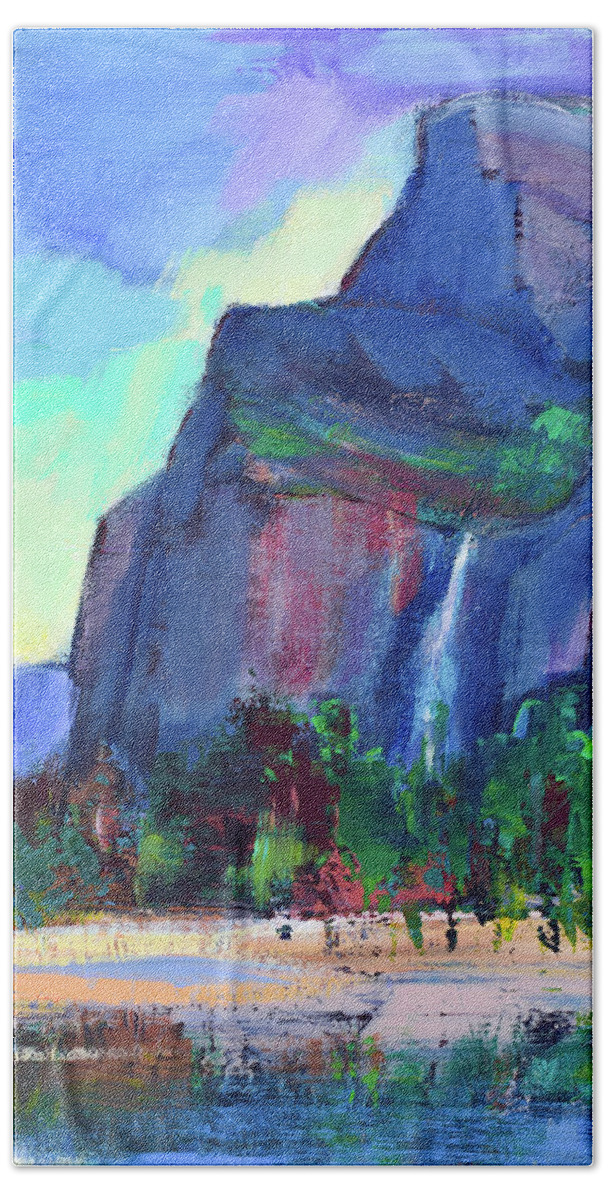 Yosemite National Park Bath Towel featuring the painting Bridalveil Falls - Yosemite National Park by Elise Palmigiani