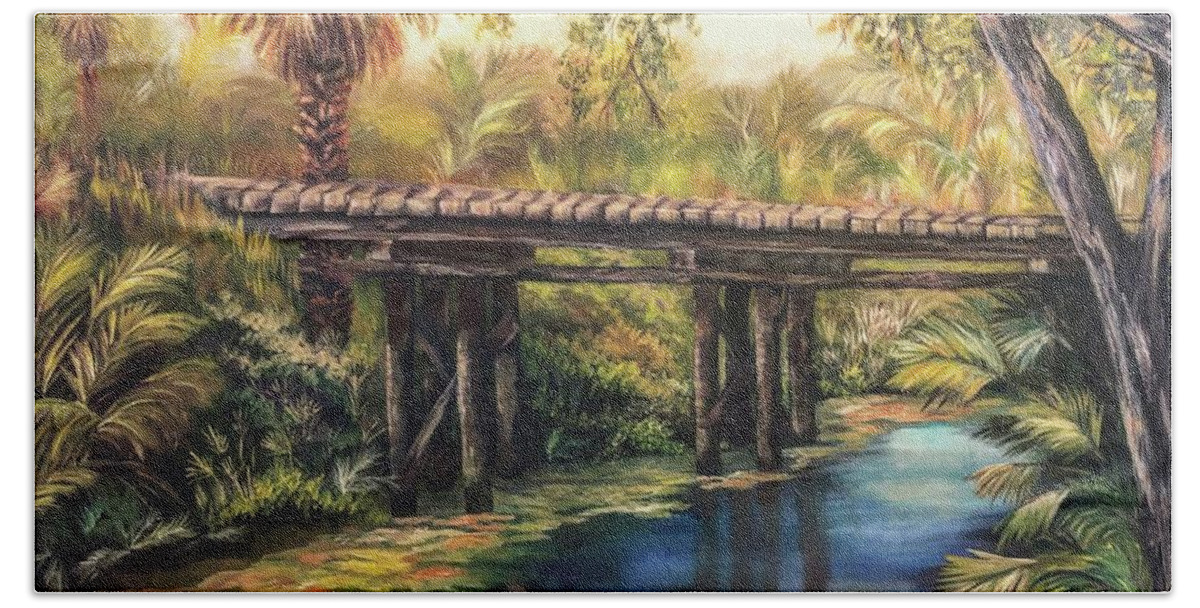 Oil Bath Towel featuring the painting Bridge at the Ranch by Barbara Landry
