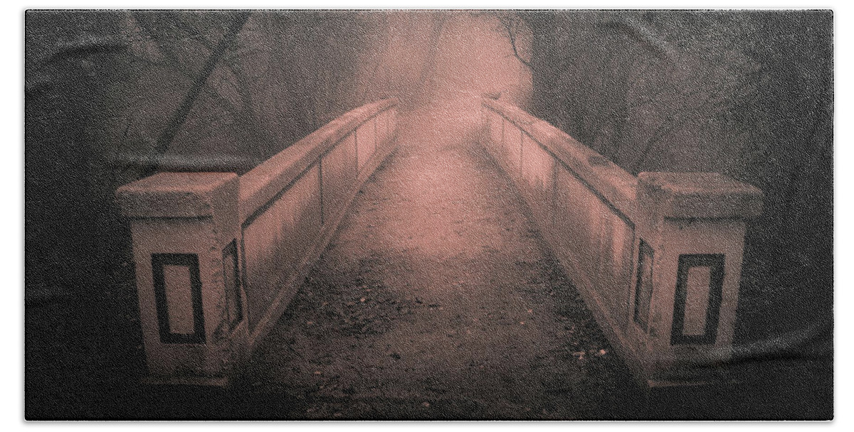 Bridge Hand Towel featuring the photograph Bridge on a Foggy Morning - Dellwood Park, Lockport, Illinois by David Morehead