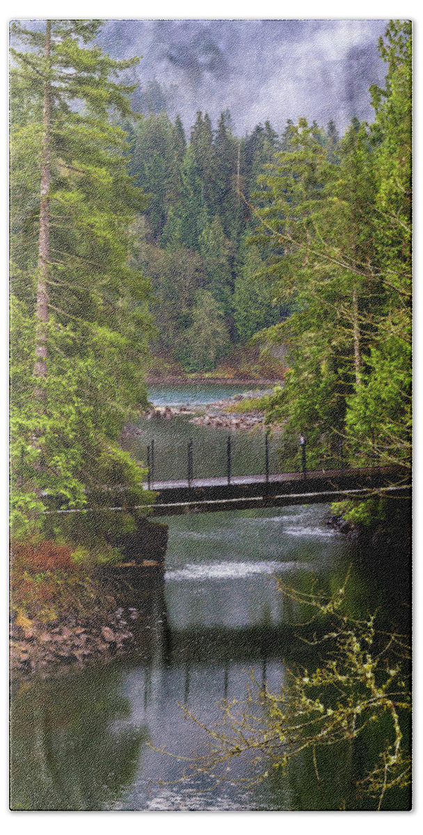 Alex Lyubar Bath Towel featuring the photograph Bridge over the forest stream by Alex Lyubar