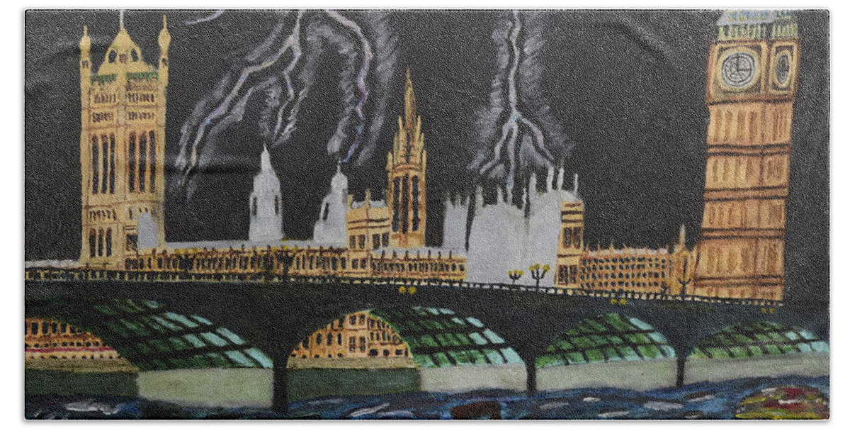 London Hand Towel featuring the painting Bridge over Troubled waters by David Westwood