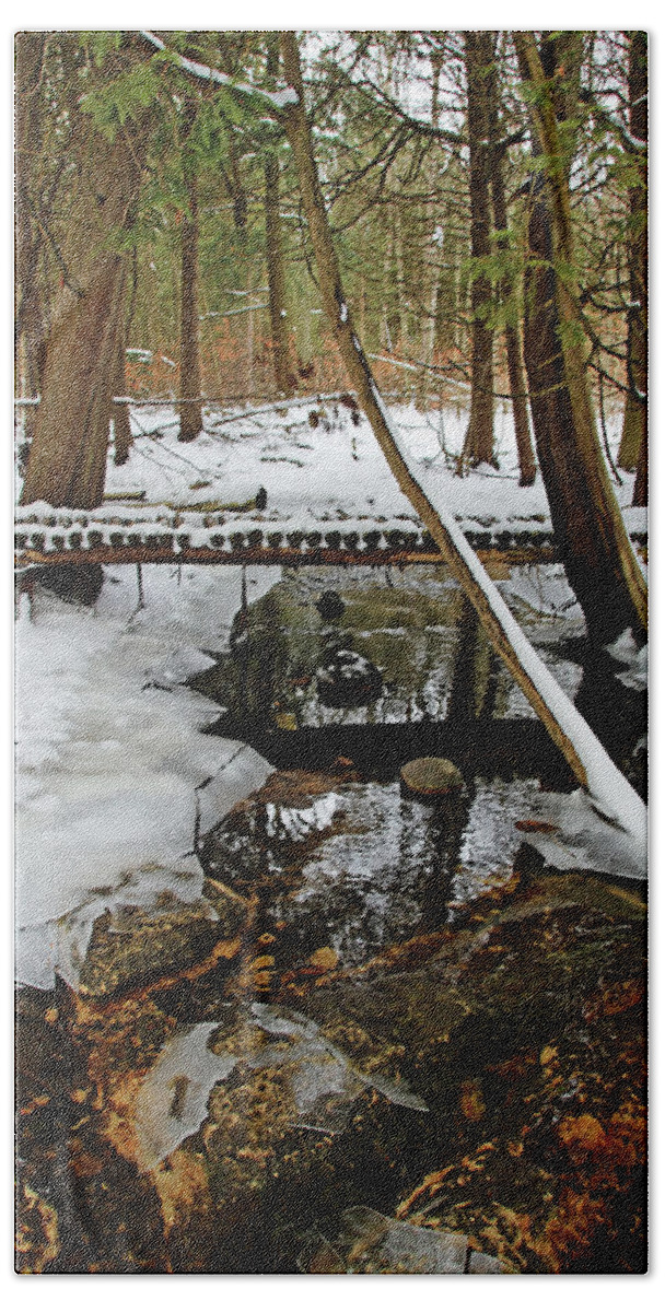 Bridge Bath Towel featuring the photograph Bridge Over Winter Stream I by Debbie Oppermann