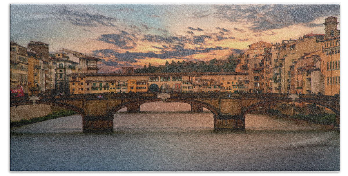 Florence Bath Towel featuring the photograph Bridges of Arno River at Sunset in Florence Italy by Lily Malor