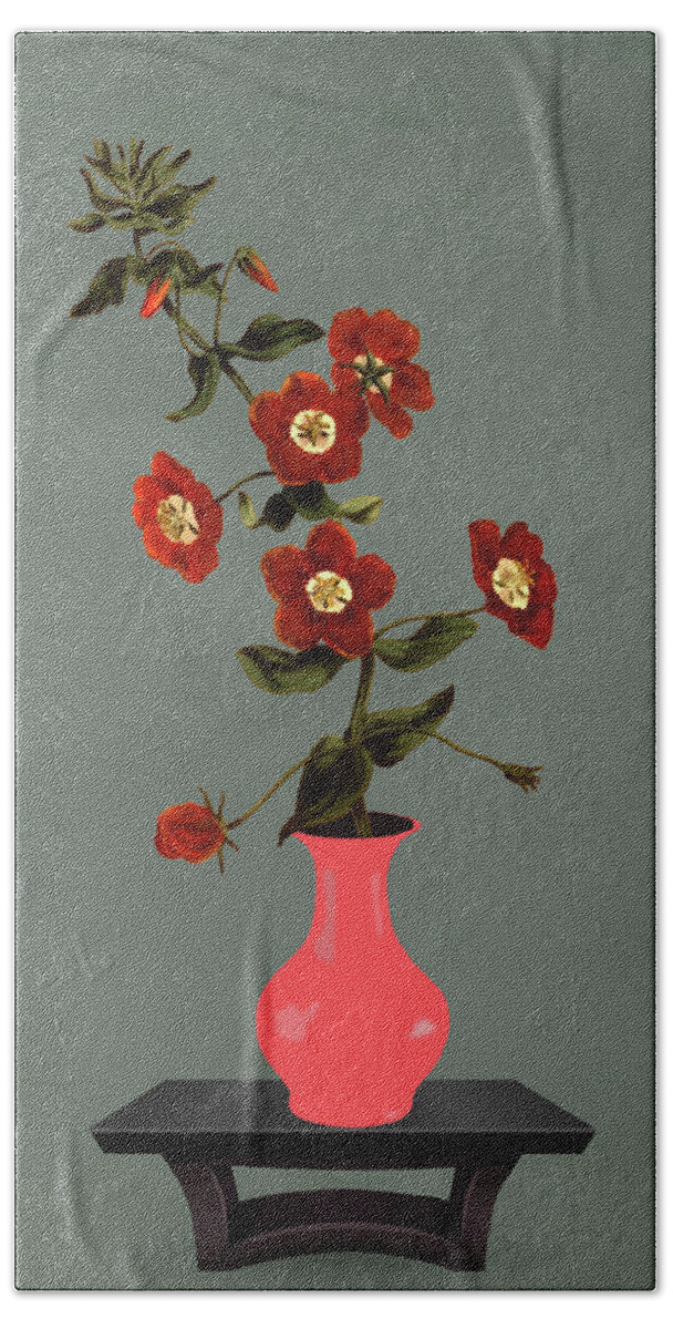 Shrubby Pimpernel Bath Towel featuring the mixed media Bright Pink Glass Vase with Flowers by David Dehner
