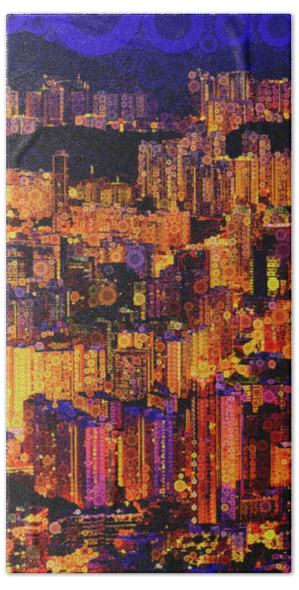 Hong Kong Hand Towel featuring the mixed media Brighter Lights, Big City by Susan Maxwell Schmidt