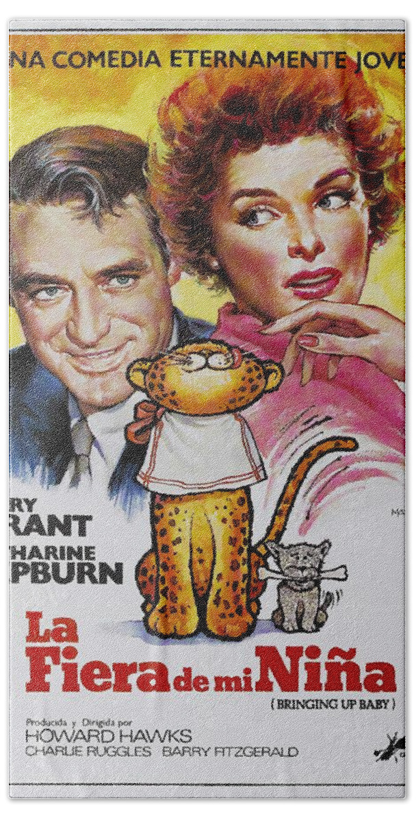 Synopsis Hand Towel featuring the mixed media ''Bringing Up Baby'', 1938 - art by Enrique Mataix by Movie World Posters