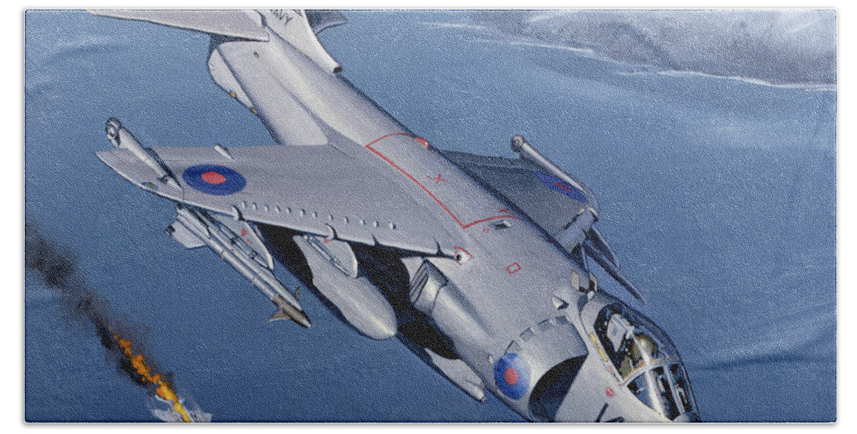 Aviation Hand Towel featuring the painting British Aerospace Sea Harrier by Jack Fellows