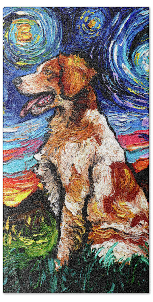 Starry Night Dog Bath Towel featuring the painting Brittany Spaniel Night by Aja Trier