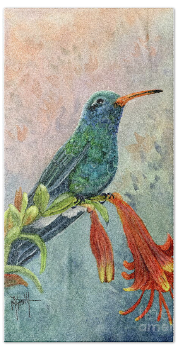 Broad-billed Hummingbird Bath Towel featuring the painting Broad-billed Hummingbird by Marilyn Smith