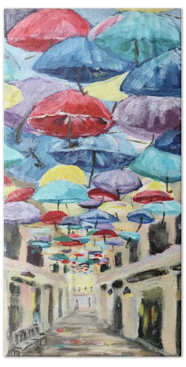 Parasols Hand Towel featuring the painting Brolly Passage by Deborah Smith