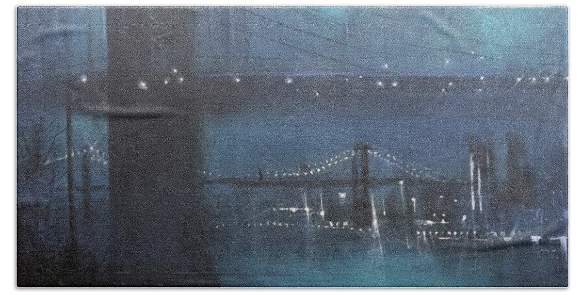 Brooklyn Bridge Hand Towel featuring the painting Brooklyn Bridge In Fog by Tom Shropshire