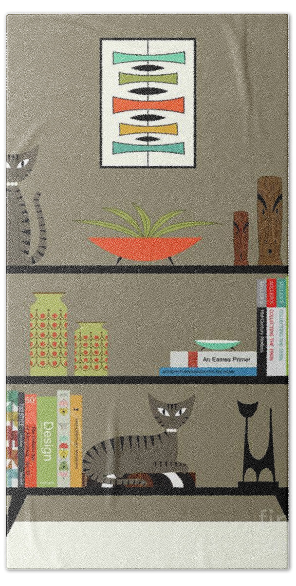 Mid Century Modern Brown Gray Tabby Cats Bath Towel featuring the digital art Brown Gray Tabby Cats on Bookcase by Donna Mibus