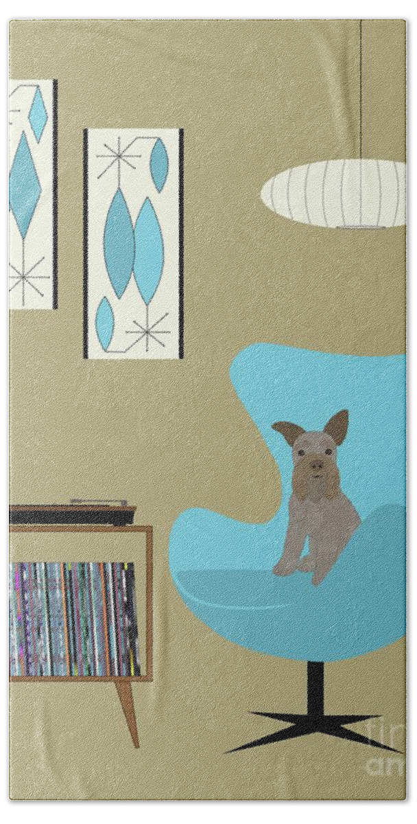 Mini Schnauzer Dog Bath Towel featuring the digital art Brown Mini Schnauzer with Record Player by Donna Mibus