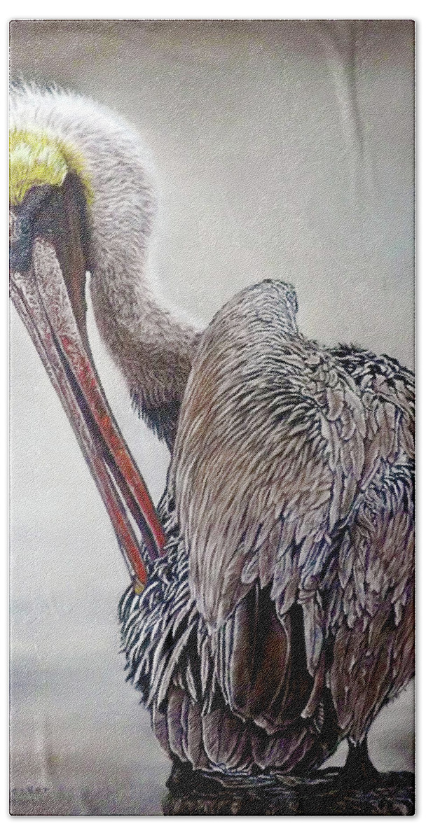 Pelican Bath Towel featuring the painting Brown Pelican by Linda Becker