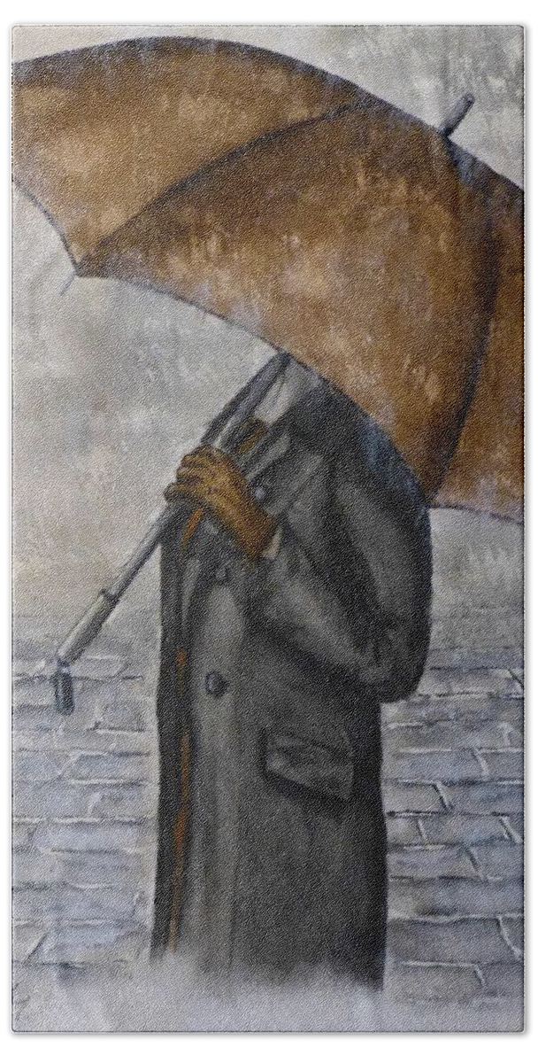 Brown Umbrella Bath Towel featuring the painting Brown Umbrella and Gloves by Kelly Mills