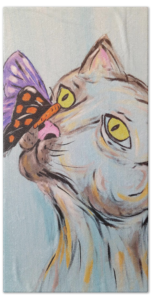 Cat Hand Towel featuring the painting Bubby And The Butterfly by Brent Knippel