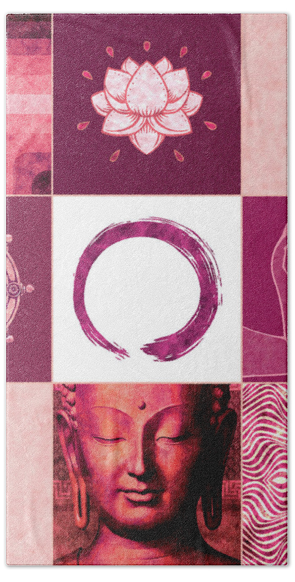 Buddha Bath Towel featuring the mixed media Buddha Grid 02 - Spiritual Collage by Studio Grafiikka