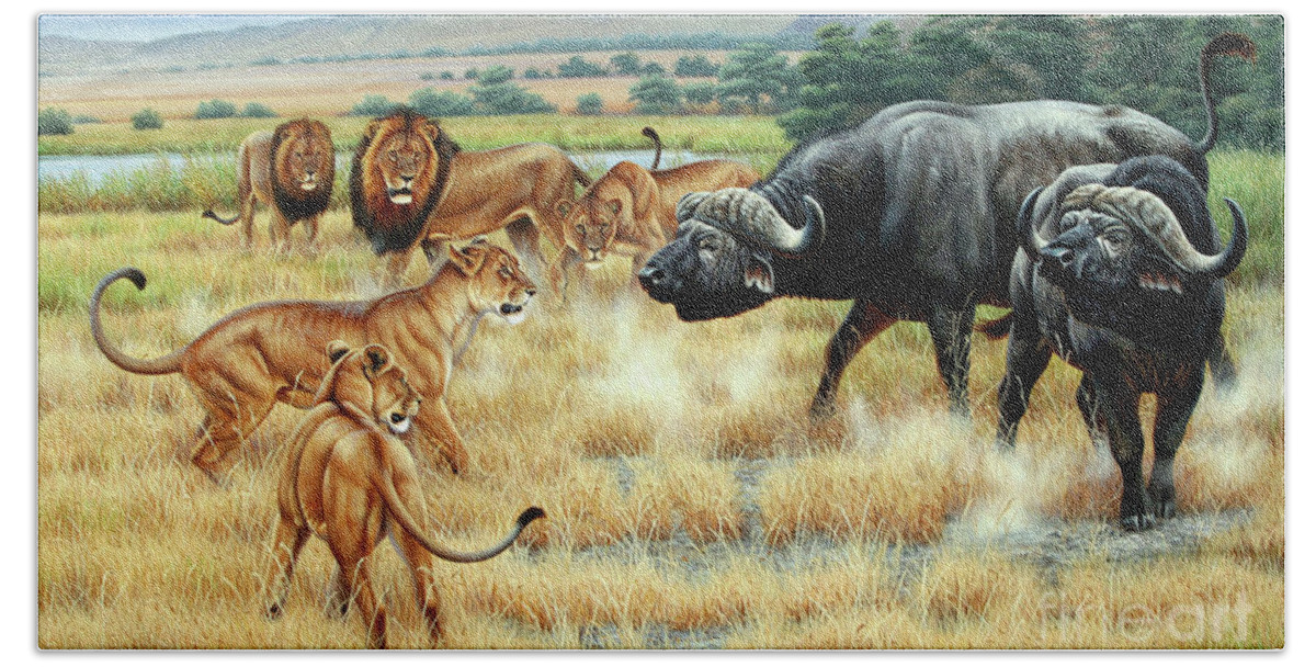 Cynthie Fisher African Hand Towel featuring the painting Buffalo And Lions by Cynthie Fisher