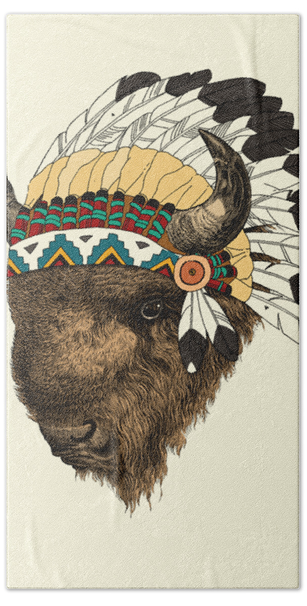 Buffalo Hand Towel featuring the digital art Buffalo with indian headdress in color by Madame Memento