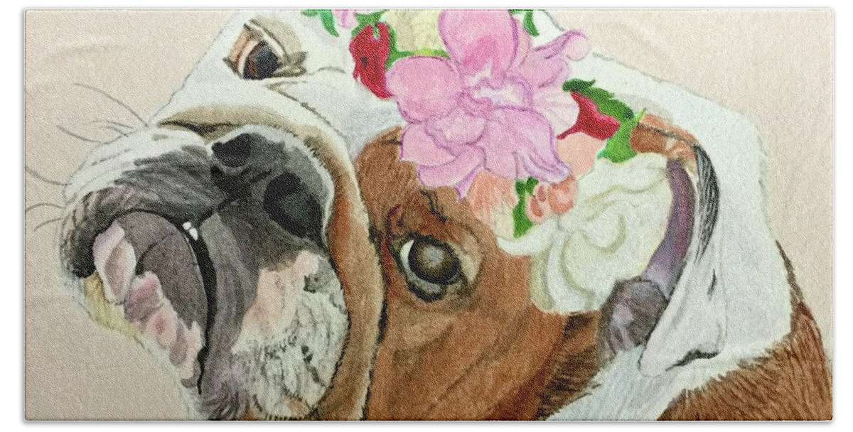 Bulldog Bath Towel featuring the painting Bulldog Bridesmaid by Sonja Jones
