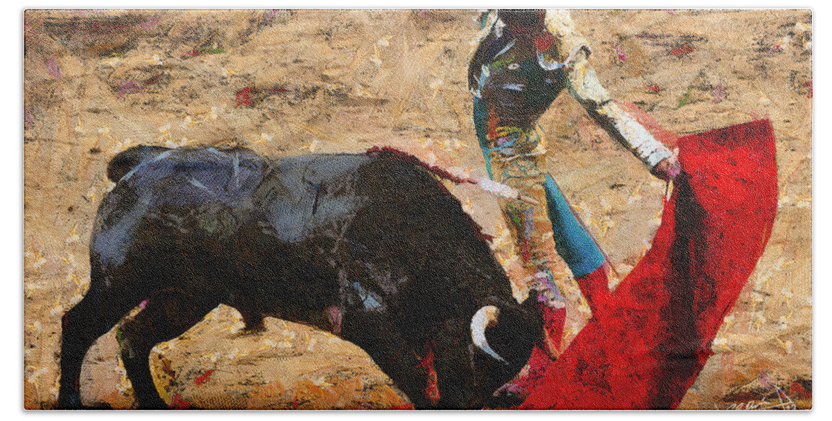 Bull Hand Towel featuring the painting Bullfighting by Charlie Roman