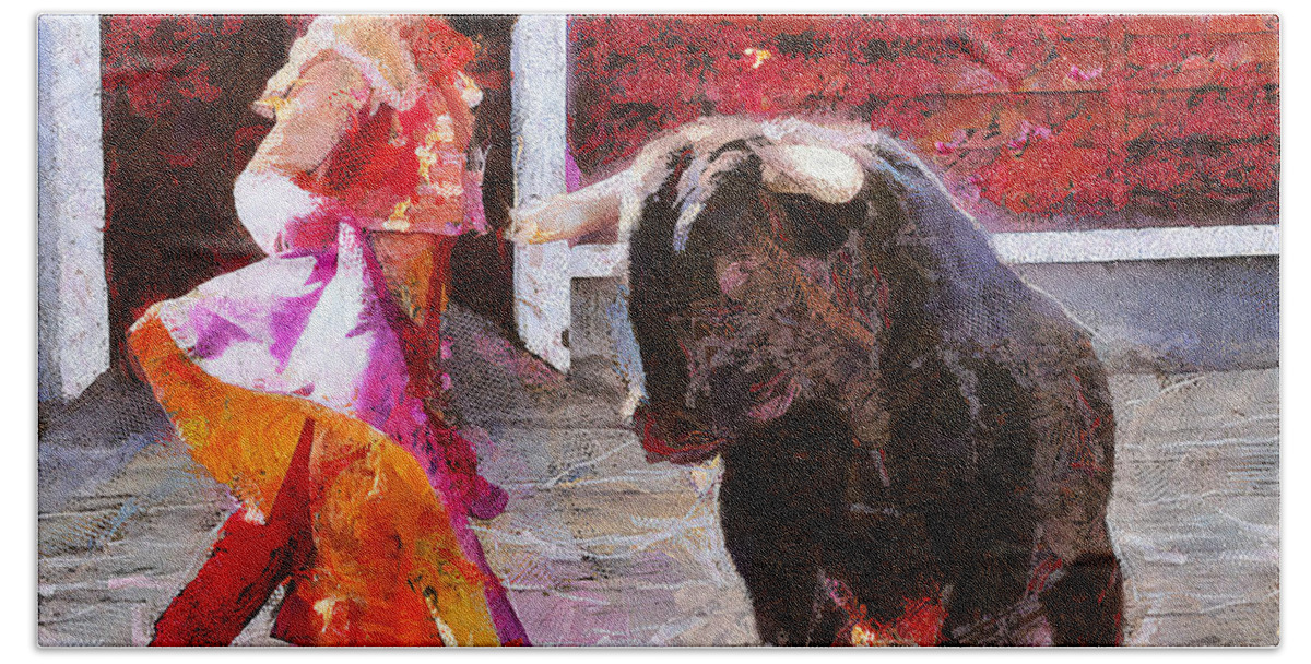 Bull Bath Towel featuring the painting Bullfighting in Spain by Charlie Roman