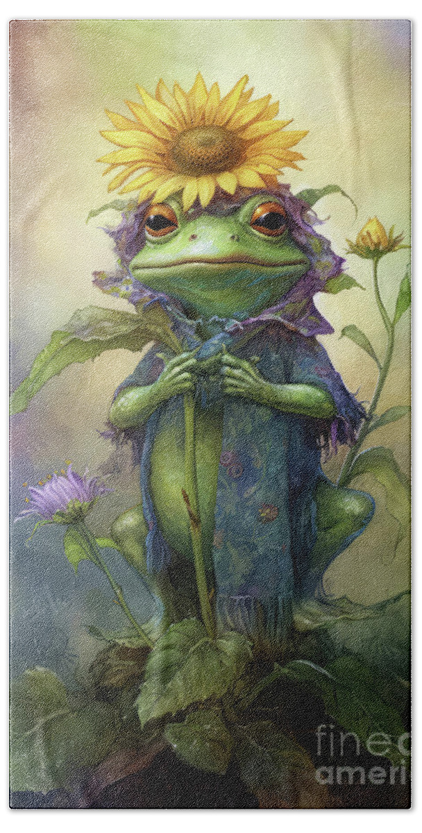  Frogs Bath Towel featuring the painting Bullfrog Sunflower Goddess by Tina LeCour