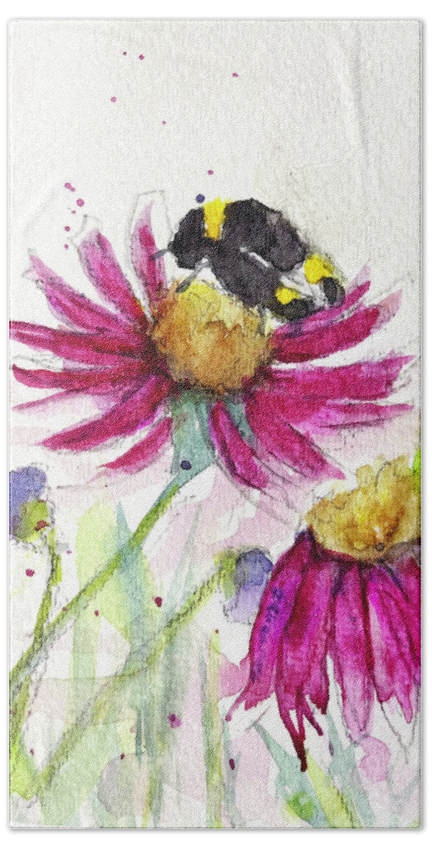 Bee Painting Bath Towel featuring the painting Bumble Bee in the Coneflowers by Roxy Rich
