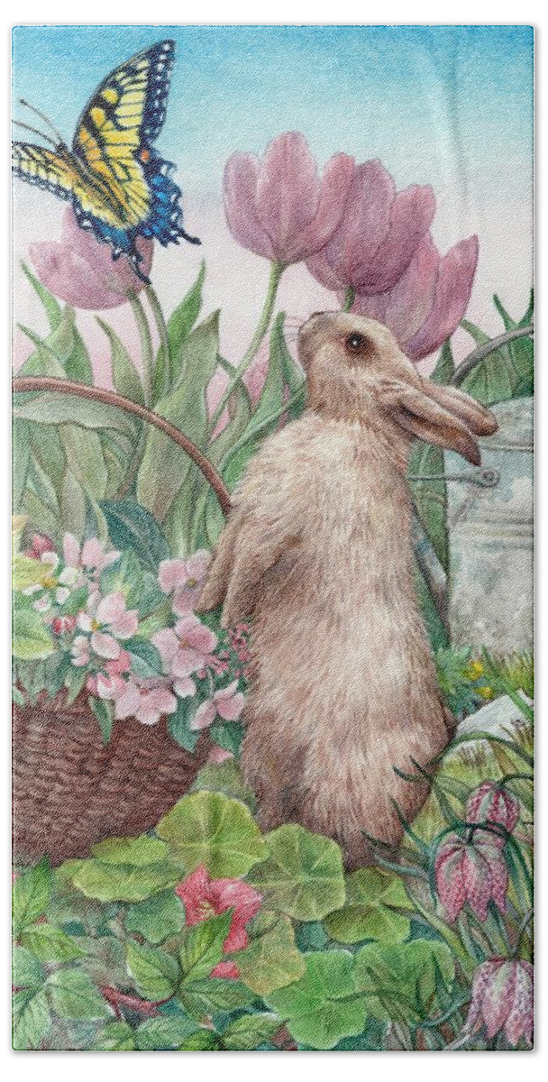 Illustrated Bunny Hand Towel featuring the painting Bunny in Spring Garden by Judith Cheng