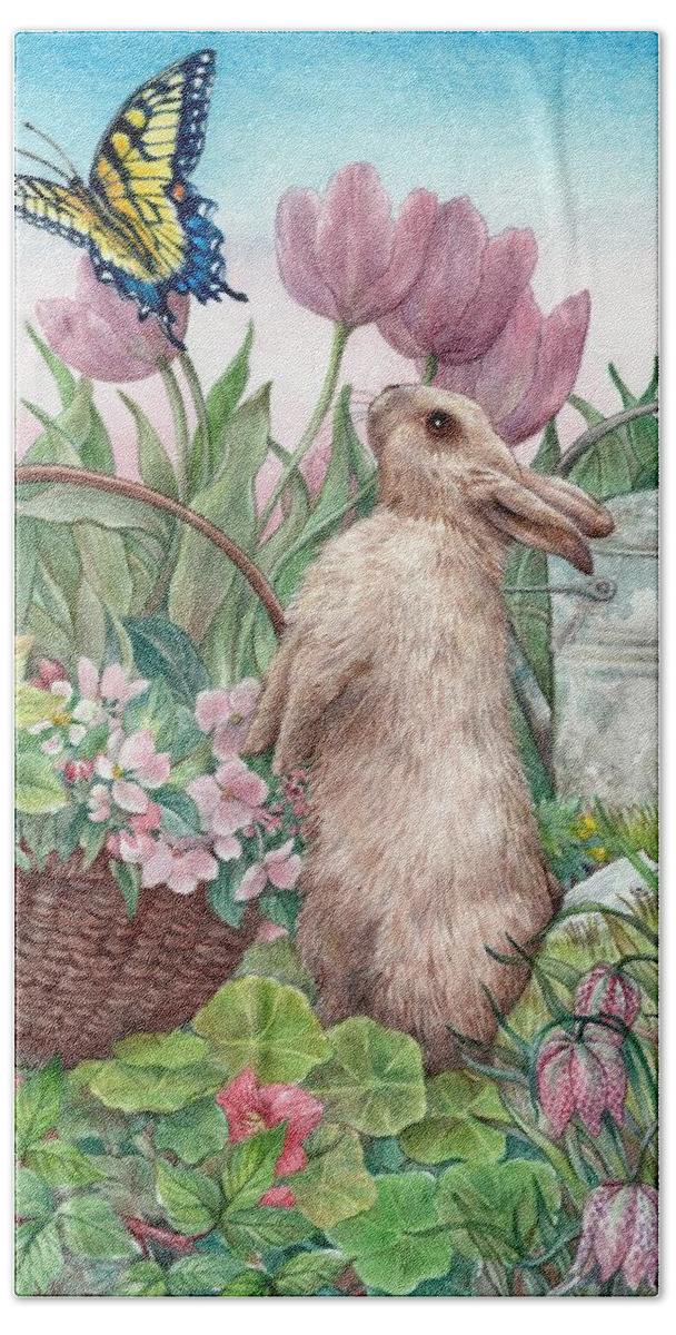 Illustrated Bunny Bath Towel featuring the painting Bunny in Spring Garden by Judith Cheng