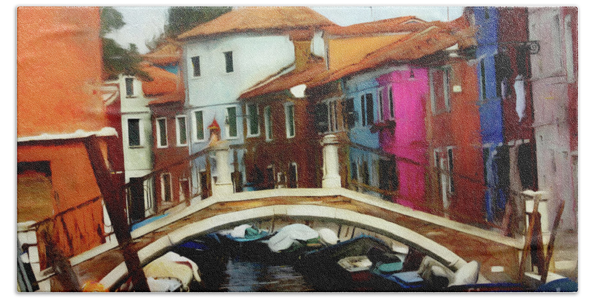 Boats Bath Towel featuring the photograph Burano Bridge - Revised 2020 by Xine Segalas