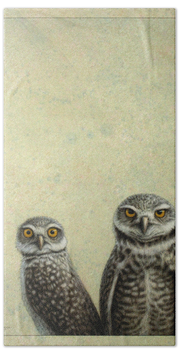 Owls Bath Towel featuring the painting Burrowing Owls by James W Johnson