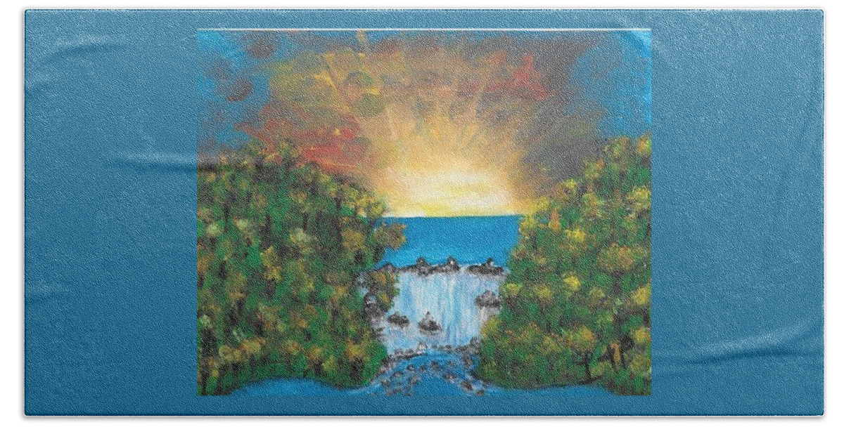 Sunrise Bath Towel featuring the painting Burst of Sunshine by Esoteric Gardens KN