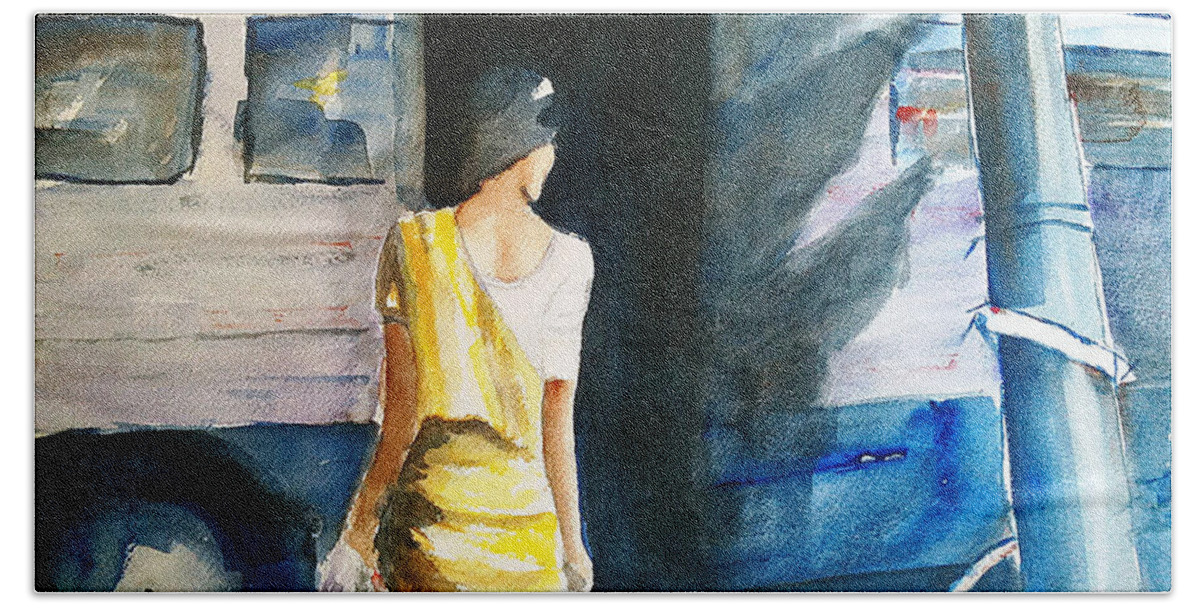 Woman Hand Towel featuring the painting Bus Stop - Woman Boarding the Bus by Carlin Blahnik CarlinArtWatercolor
