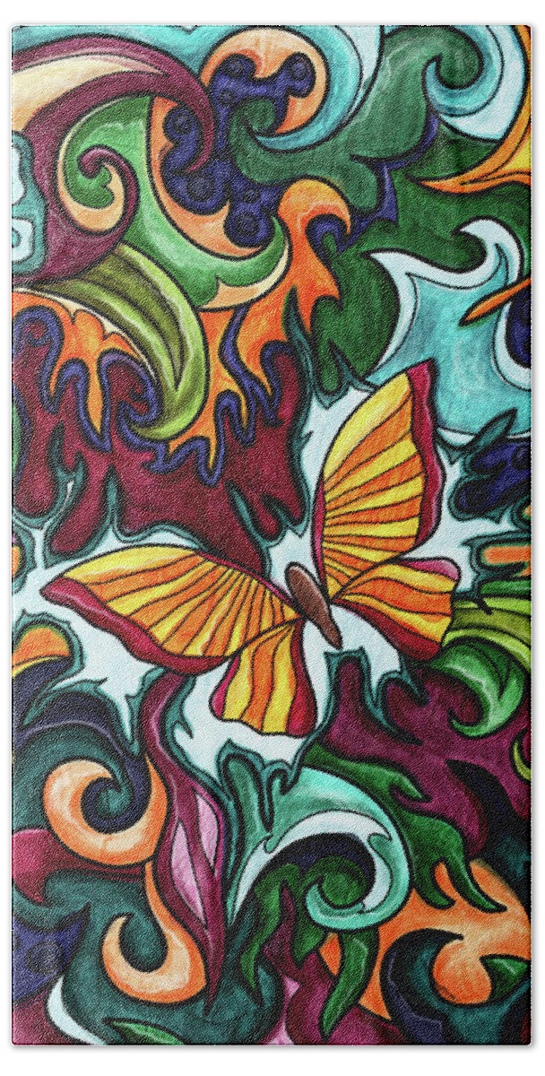 Butterflies Hand Towel featuring the painting Butterflies colorful abstract painting, bright butterflies by Nadia CHEVREL