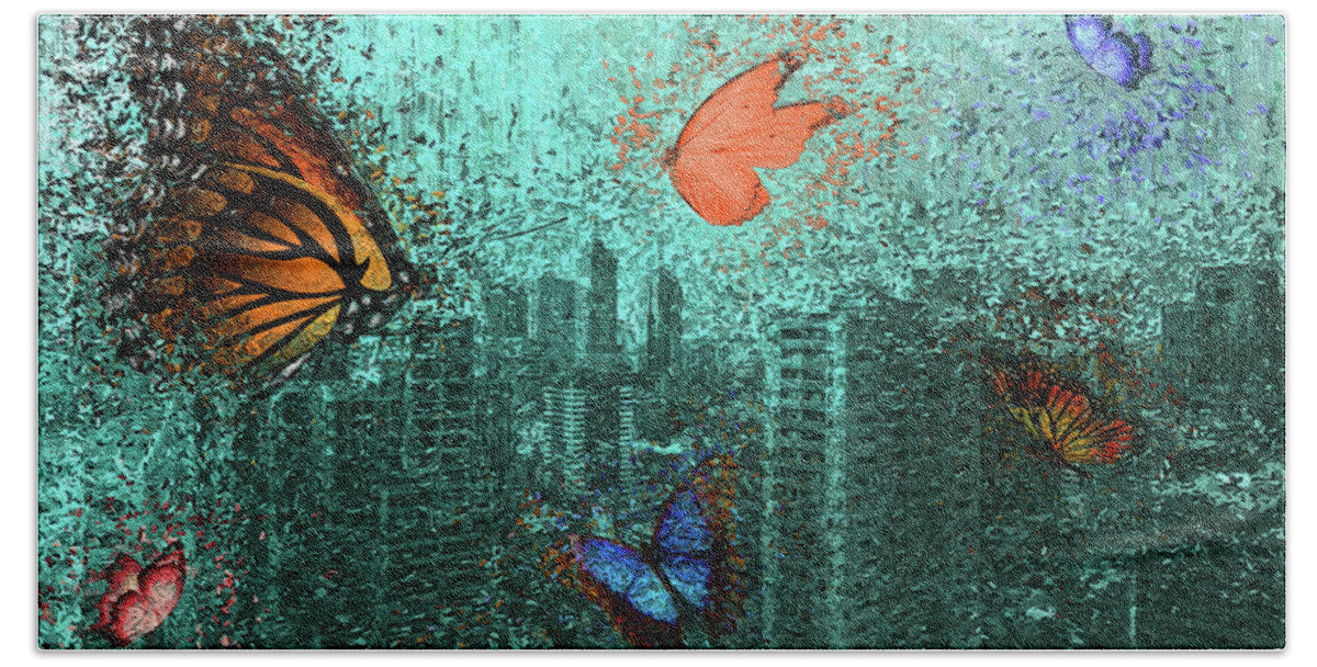 Butterflies Bath Towel featuring the mixed media Butterflies over the City by Alex Mir
