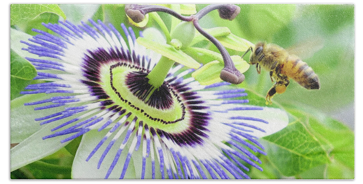 Passion Flower Bath Towel featuring the digital art Buzzing around 01 by Kevin Chippindall