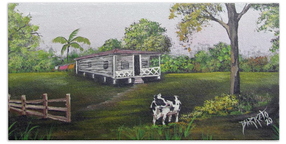 Cow Bath Towel featuring the painting By The House by Gloria E Barreto-Rodriguez