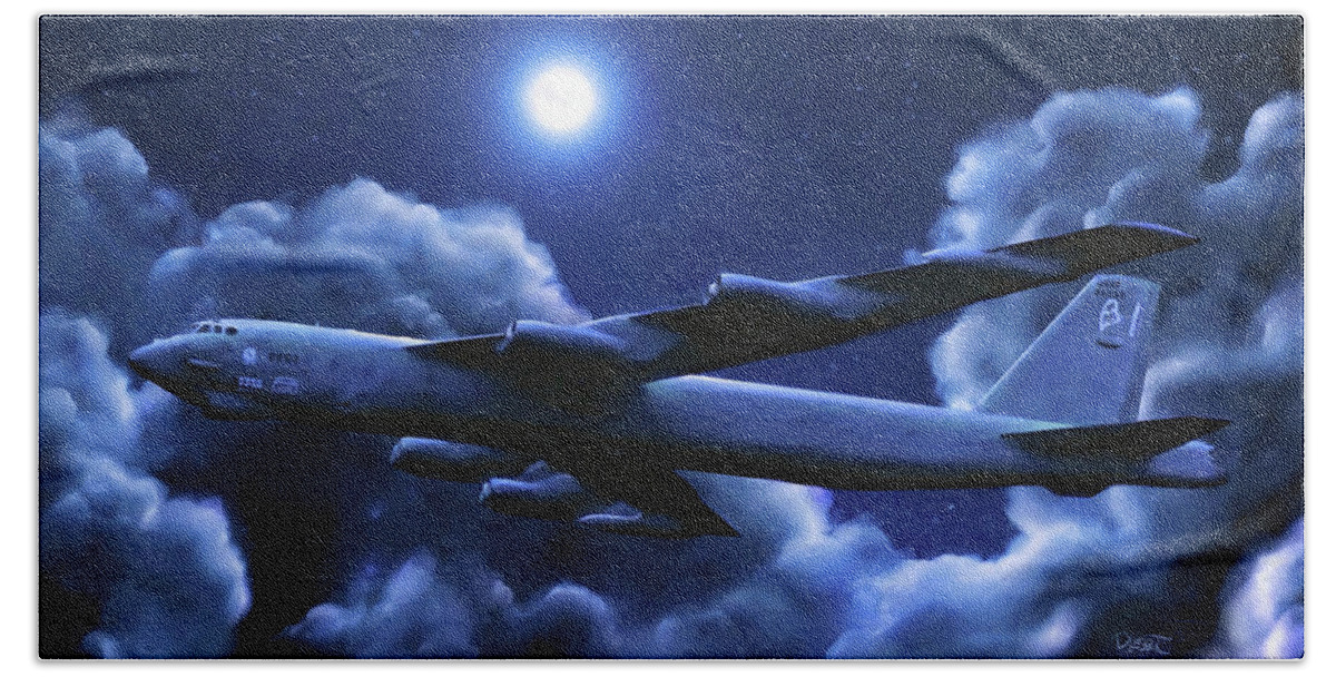 B-52 Stratofortress Bomber Hand Towel featuring the painting By The Light Of The Blue Moon by David Luebbert