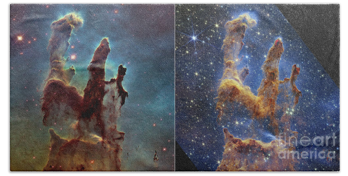 August Hand Towel featuring the photograph Pillars of Creation, JWST and Hubble images by Science Photo Library
