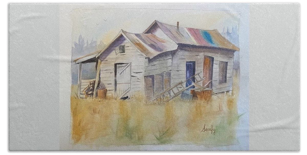 Rustic Cabin Hand Towel featuring the painting Cabin with Ladder by Scott Serafy