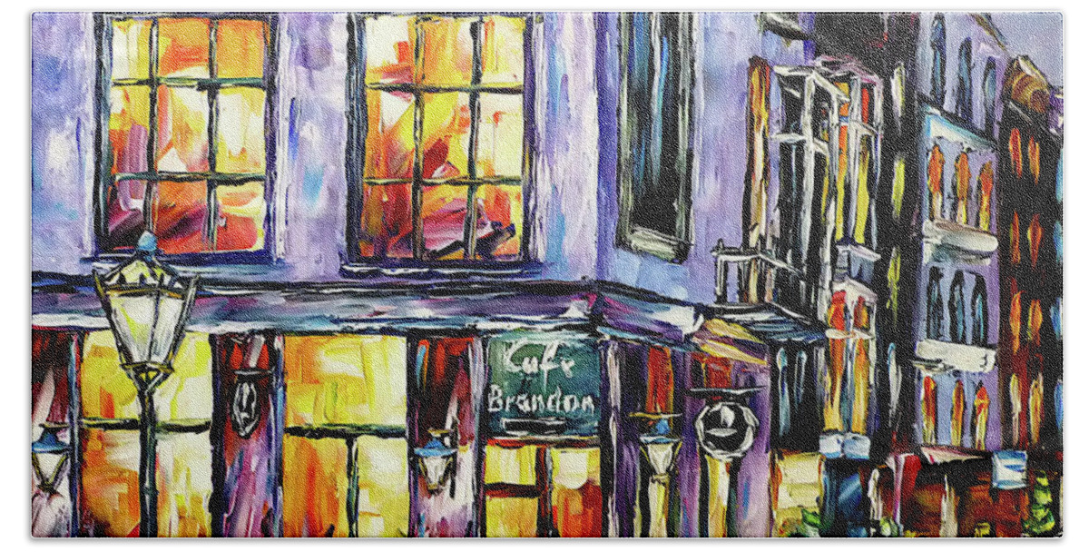 Cafe In The Evening Bath Towel featuring the painting Cafe Brandon, Amsterdam by Mirek Kuzniar