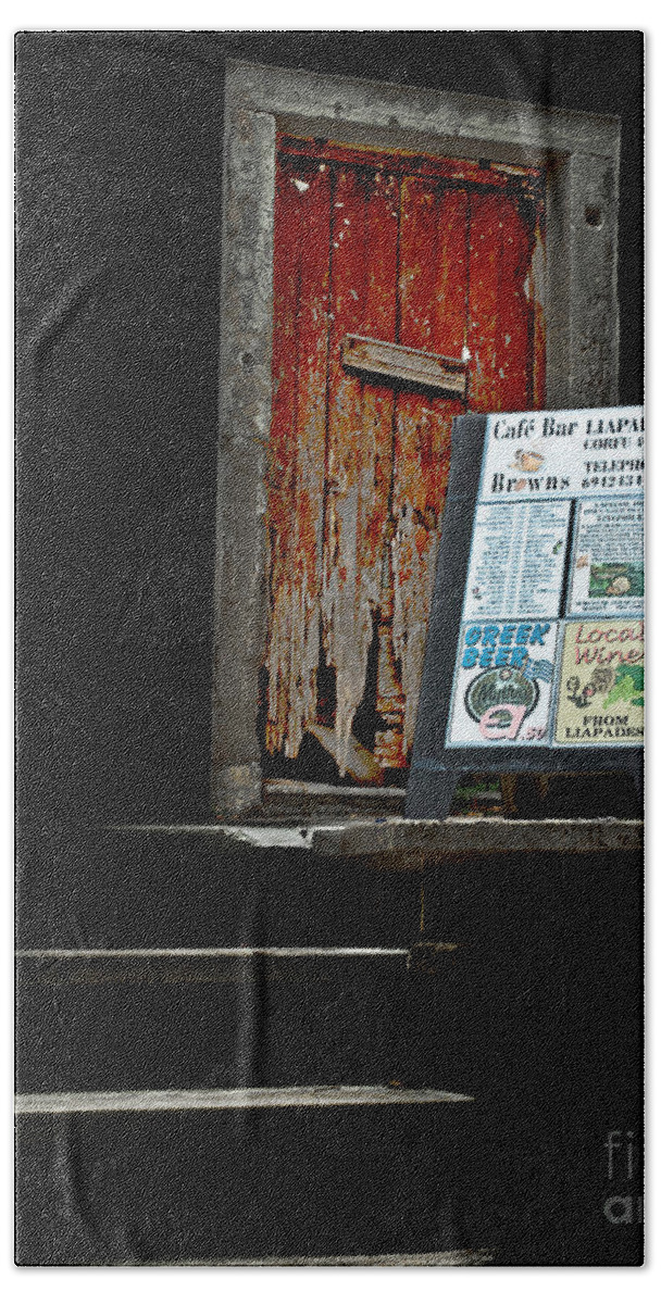 Cafe Entrance Stylish Effective Artistic Charming Painterly Old Bath Towel featuring the photograph Happy Days - Was Lovely Cafe Once - Look What This Virus Can Do by Tatiana Bogracheva