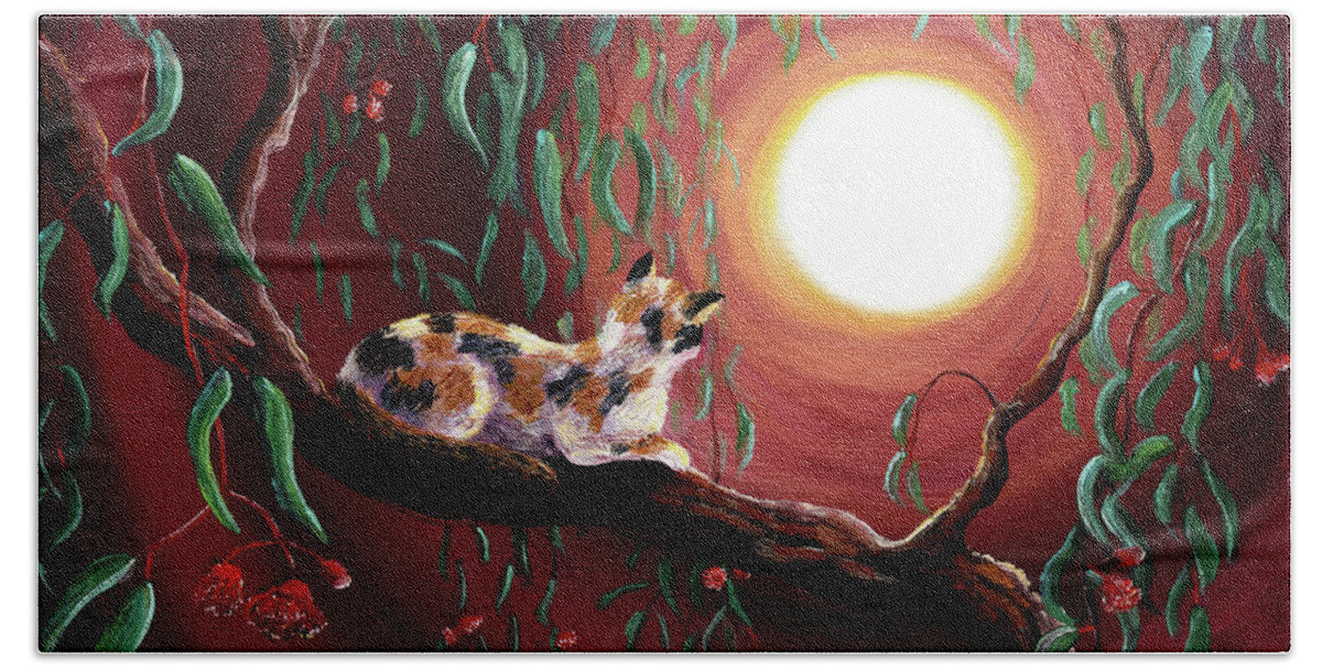 Calico Bath Towel featuring the painting Calico Cat in Eucalyptus Boughs by Laura Iverson