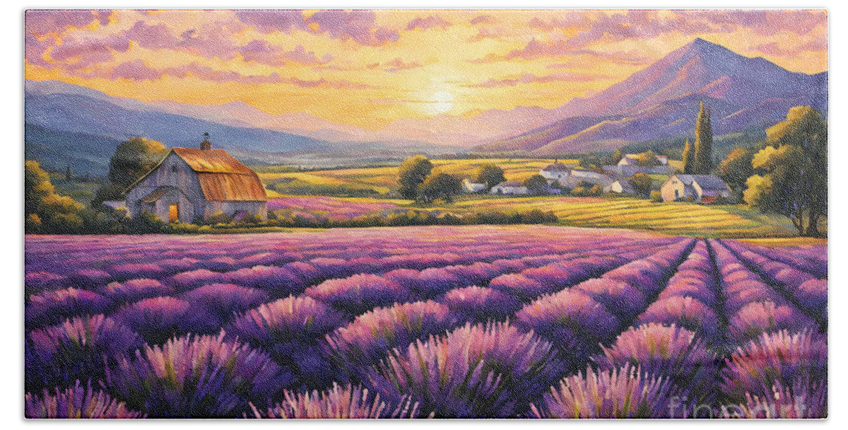 California Lavender Farm Sunset Painting Hand Towel featuring the digital art California Lavender Farm Sunset Painting by Two Hivelys